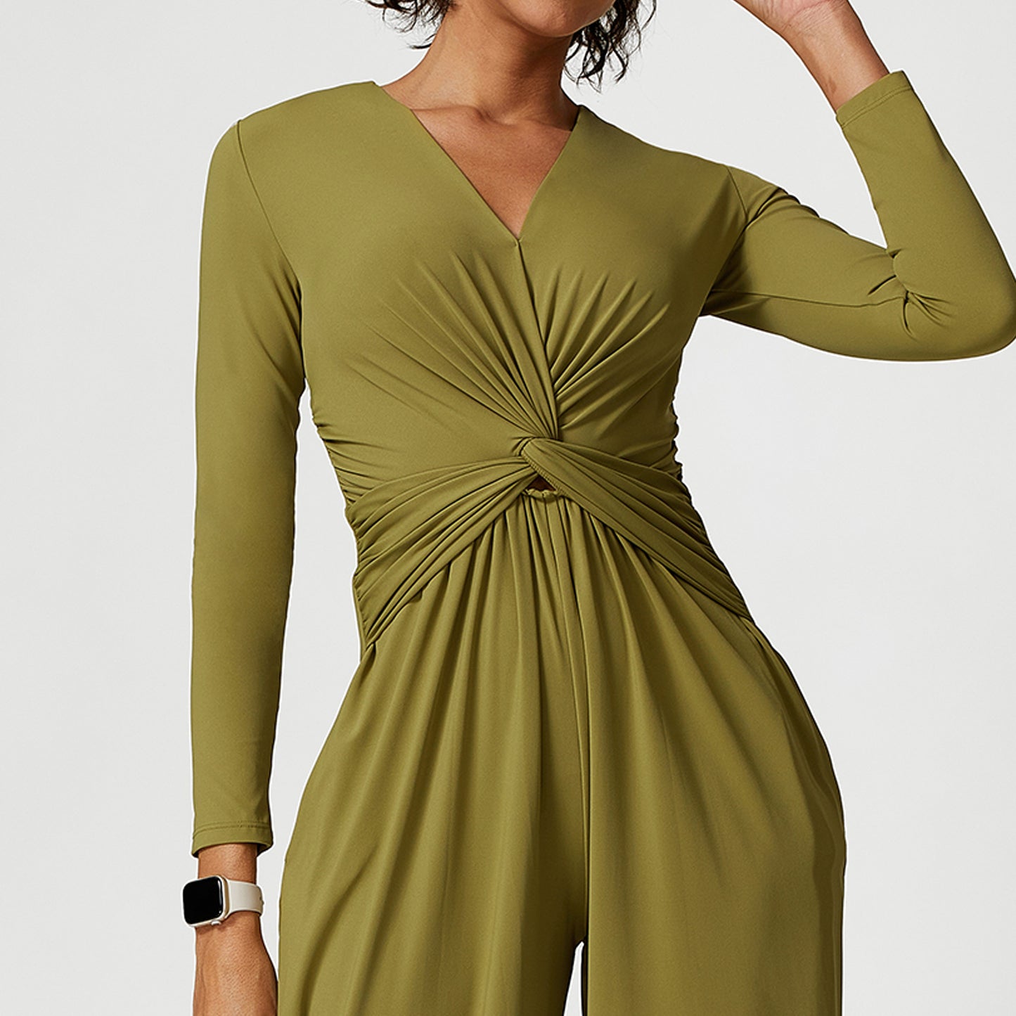 Sexy V Neck Pleated Design High Slit Yoga Jumpsuit Women