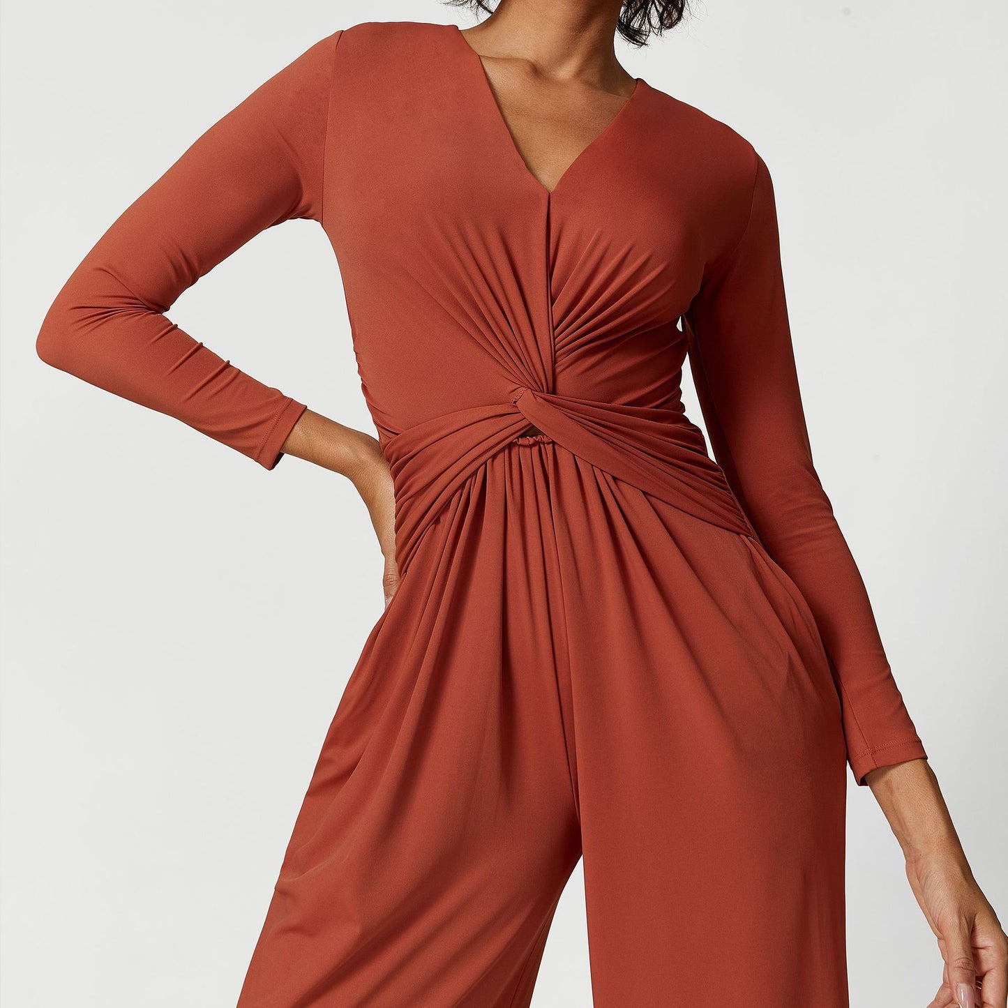 Sexy V Neck Pleated Design High Slit Yoga Jumpsuit Women