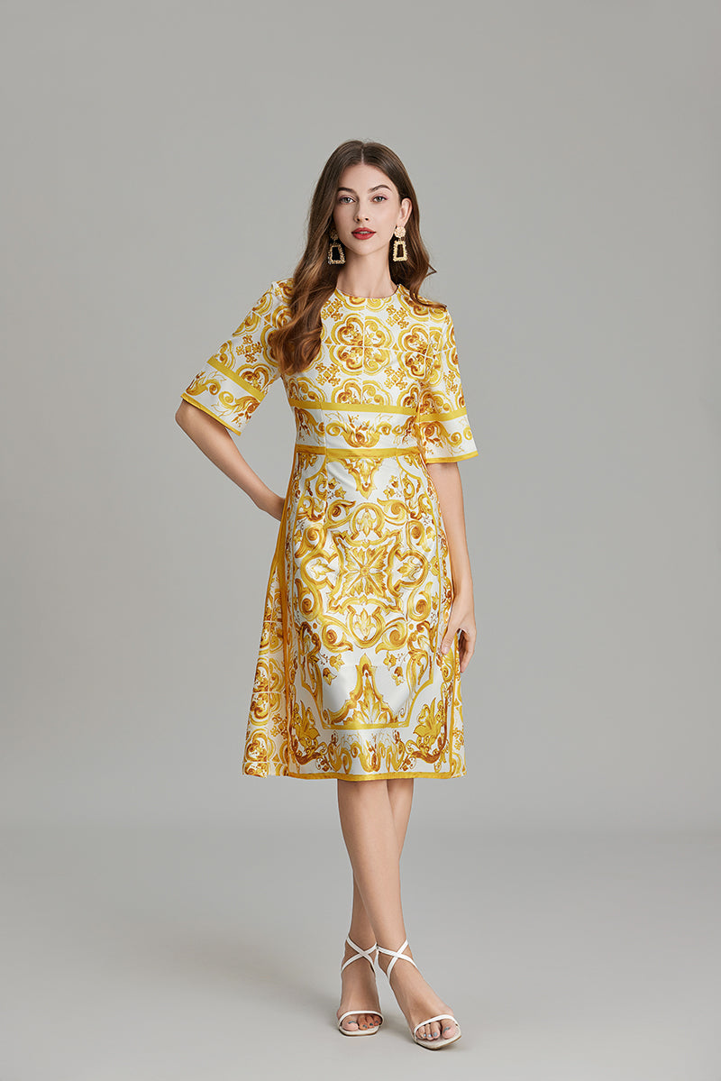 Women Summer Printed A Line Crew Neck Dress