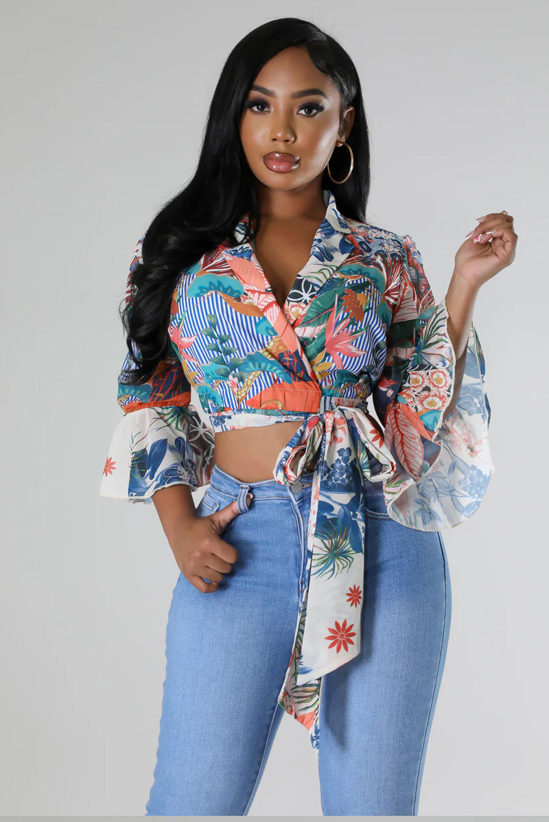 Tropical Printed Ruffle Tie Casual Women's Shirt