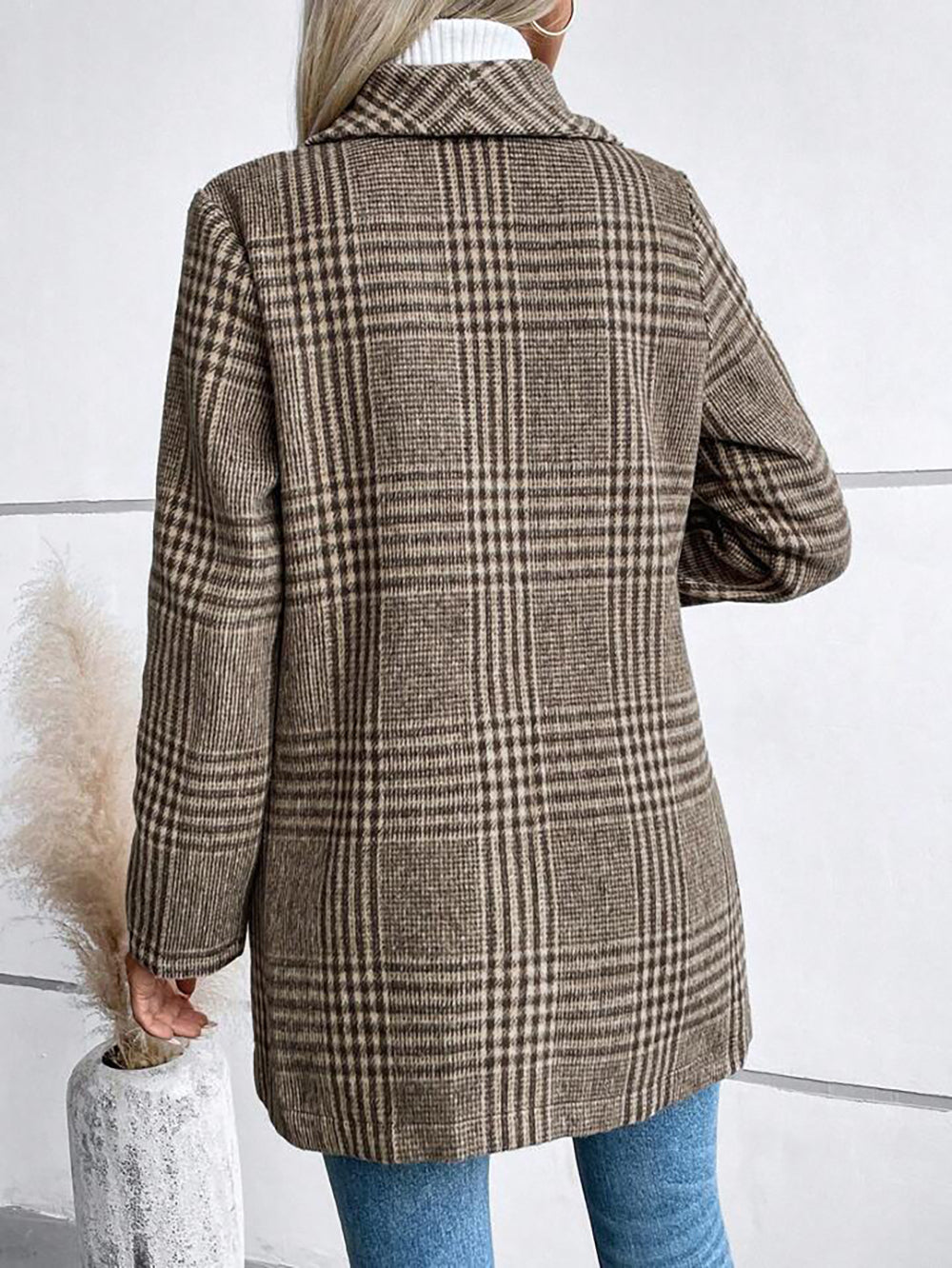 Collared Woolen Plaid Slim Fit Coat