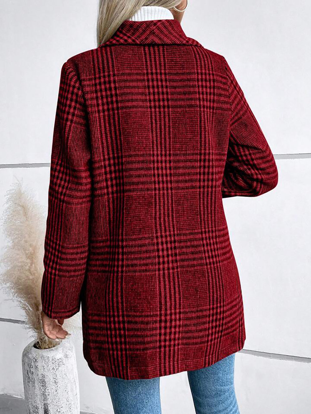 Collared Woolen Plaid Slim Fit Coat