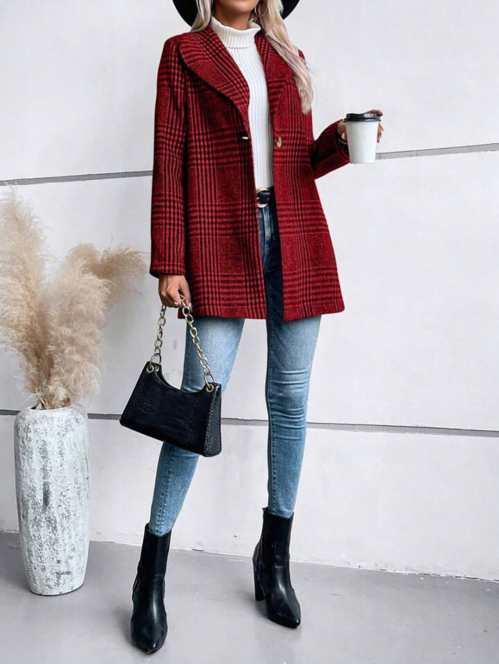 Collared Woolen Plaid Slim Fit Coat