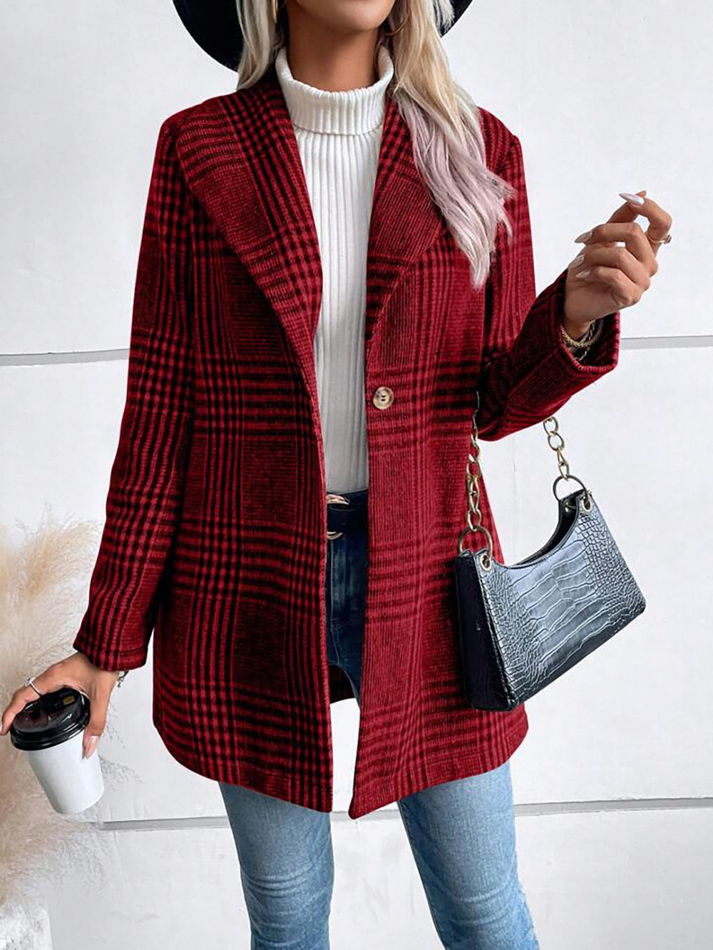 Collared Woolen Plaid Slim Fit Coat