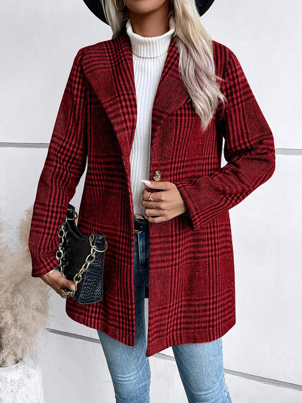 Collared Woolen Plaid Slim Fit Coat