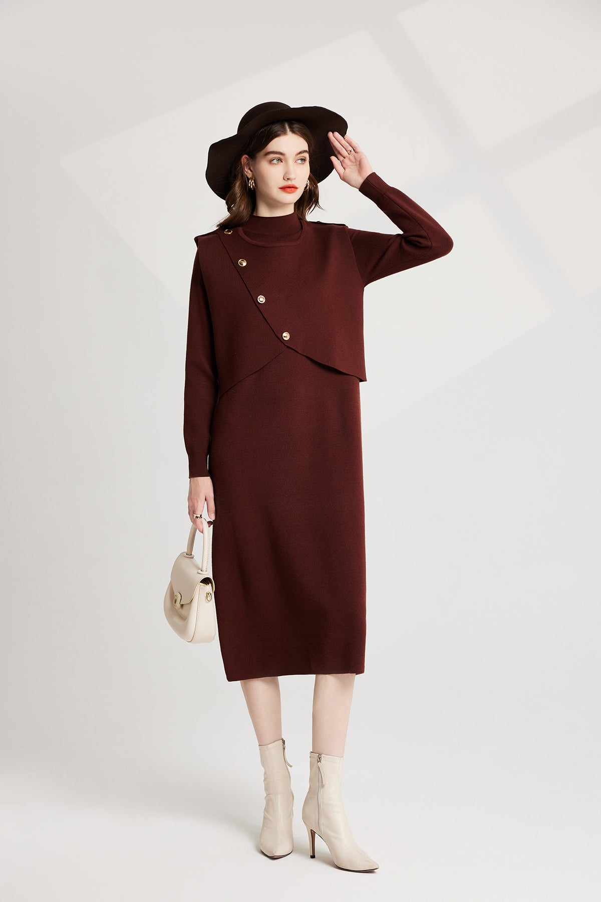 Fashion Thickened Distinctive Dress Semi High Neck Base Knitted Long Sleeved Vest Two Piece Set