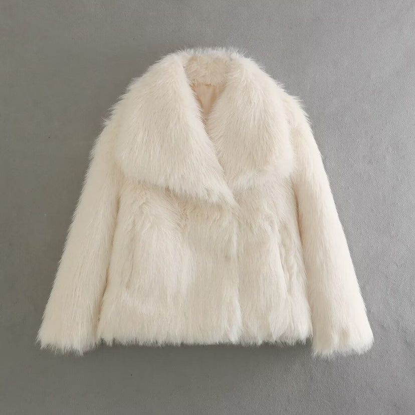 Large Collared Fluffy Plush Artificial Fox Fur Short Coat