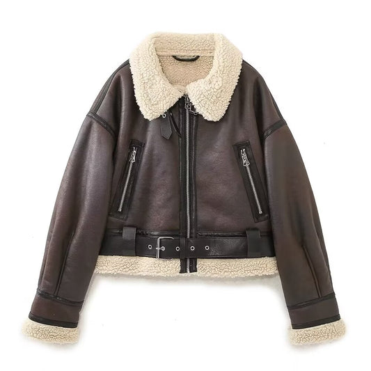 Collared Belted Faux Shearling Jacket