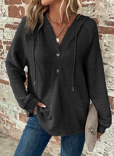 Waffle Knitted Drawstring Button V Neck Long Sleeved Hoodie