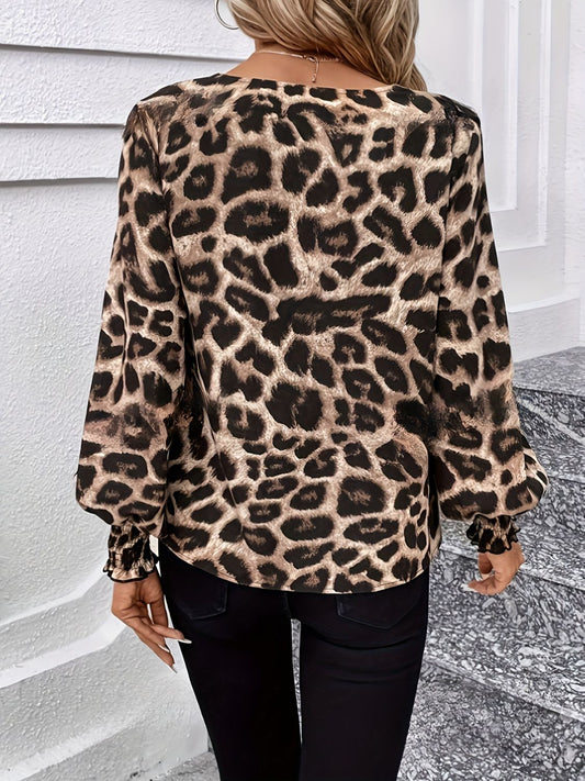Leopard V-Neck Lantern Sleeve Blouse  Shop One Place