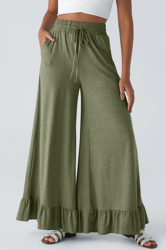 Jungle Green Solid Color Ruffle Hem Wide Leg Pants  Shop One Place