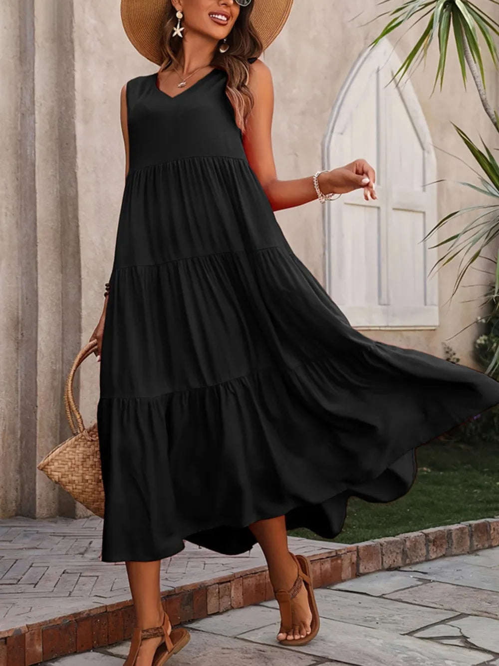 Tiered V-Neck Sleeveless Dress  Shop One Place