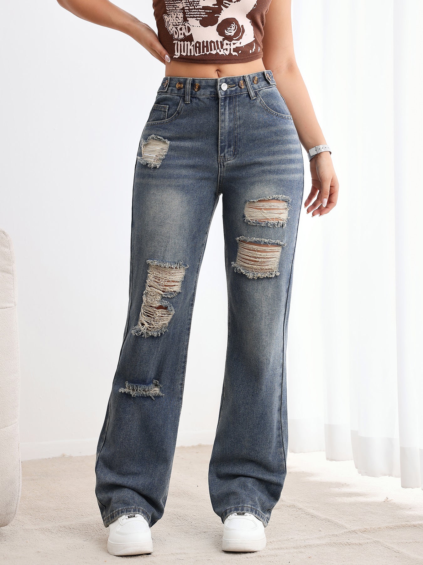 High Waist Button Design Ripped Straight Leg Pants