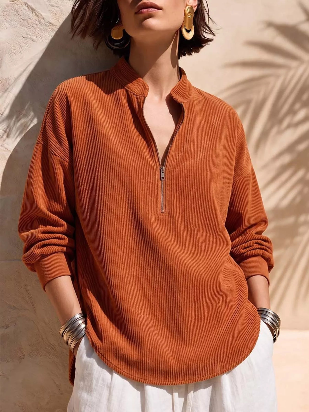 Full Size Half Zip Dropped Shoulder Corduroy Top Plus Size  Shop One Place