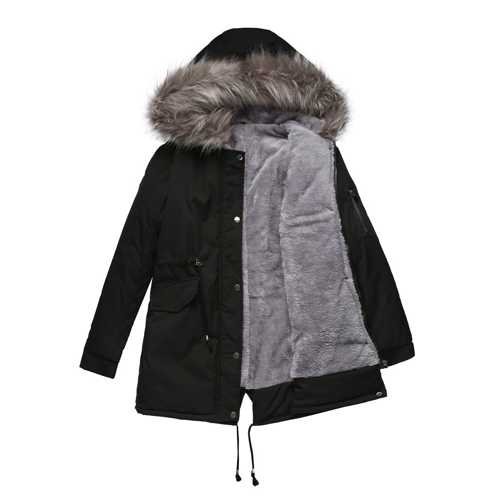 Big Fur Collar Mid-Length Hooded Winter Warm Fleece Overcoat