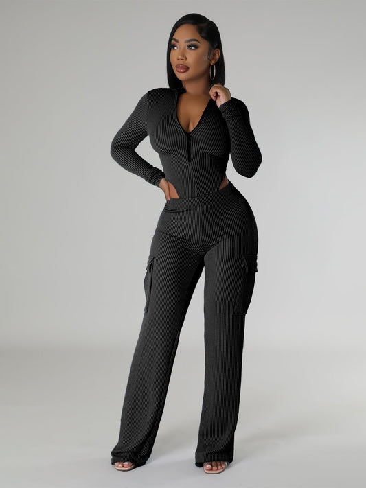 Elastic Twist Strip High Waist Long Sleeves Jumpsuit Overalls Two Piece Sets