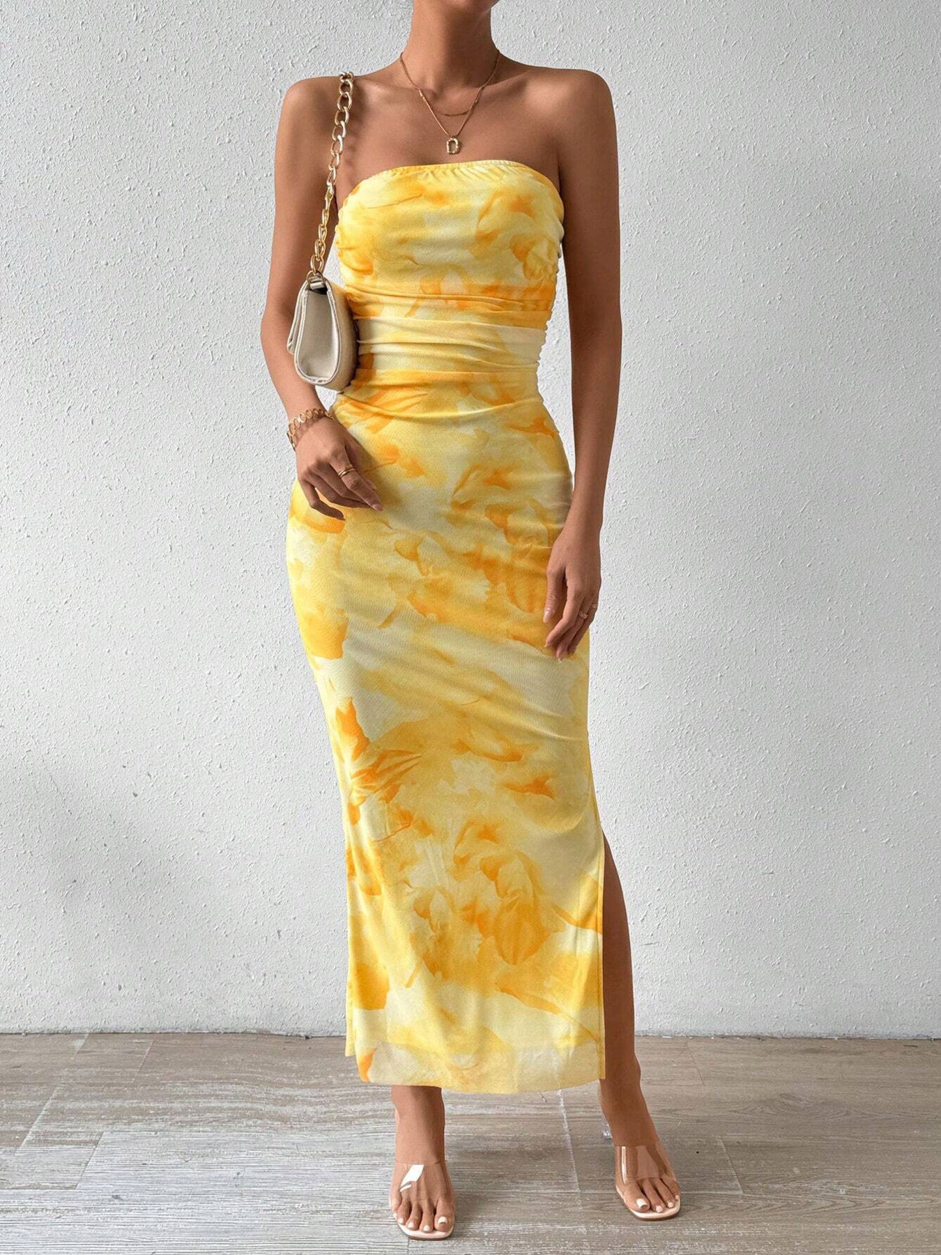 Ruched Strapless Bodycon Midi Dress  Shop One Place