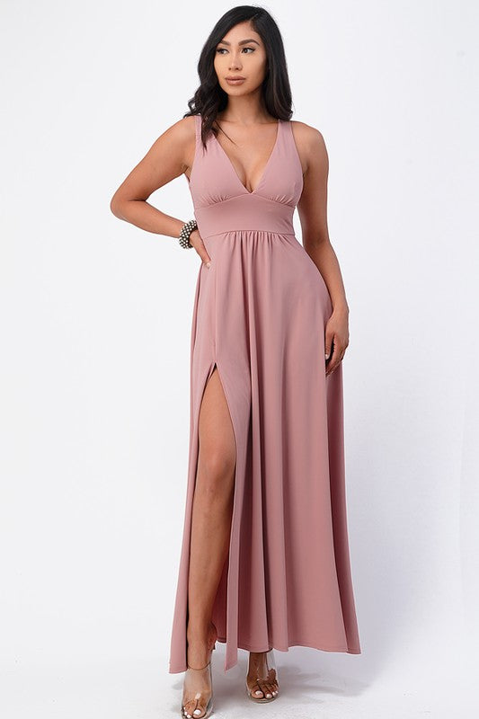 Dull tricot deep V neck A line dress  Shop One Place