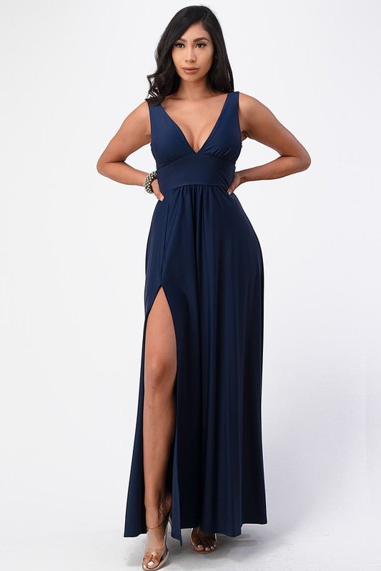Dull tricot deep V neck A line dress  Shop One Place