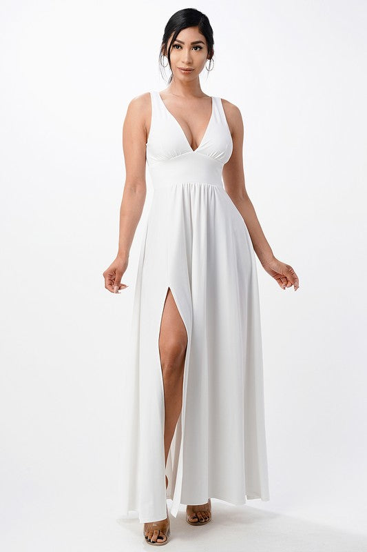 Dull tricot deep V neck A line dress  Shop One Place