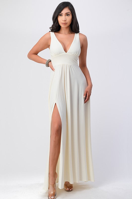 Dull tricot deep V neck A line dress  Shop One Place