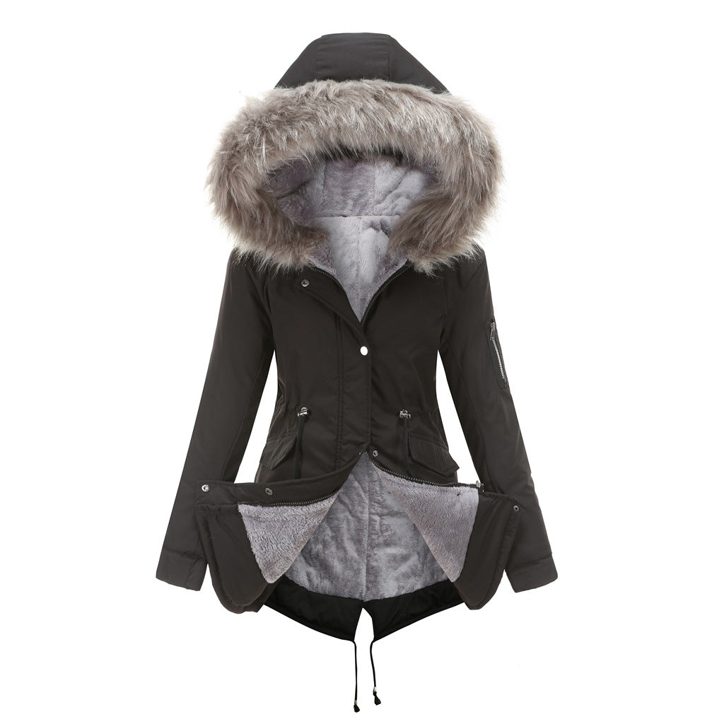 Big Fur Collar Mid-Length Hooded Winter Warm Fleece Overcoat