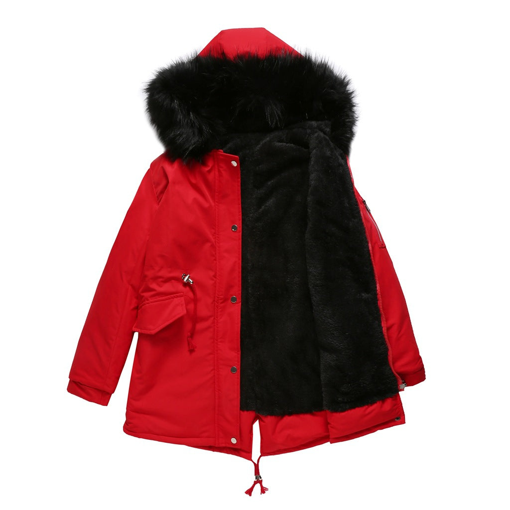 Big Fur Collar Mid-Length Hooded Winter Warm Fleece Overcoat