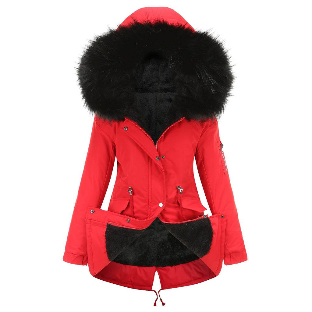 Big Fur Collar Mid-Length Hooded Winter Warm Fleece Overcoat