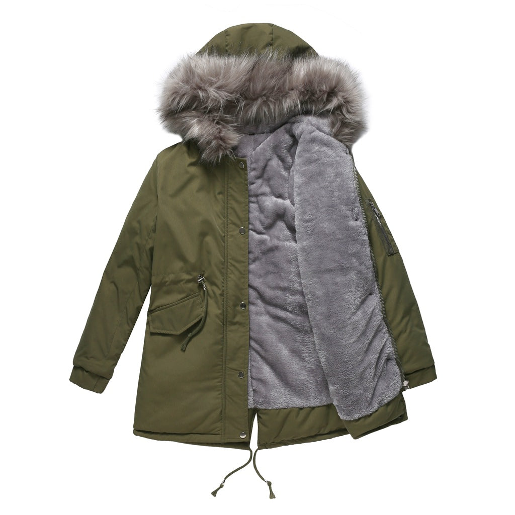 Big Fur Collar Mid-Length Hooded Winter Warm Fleece Overcoat