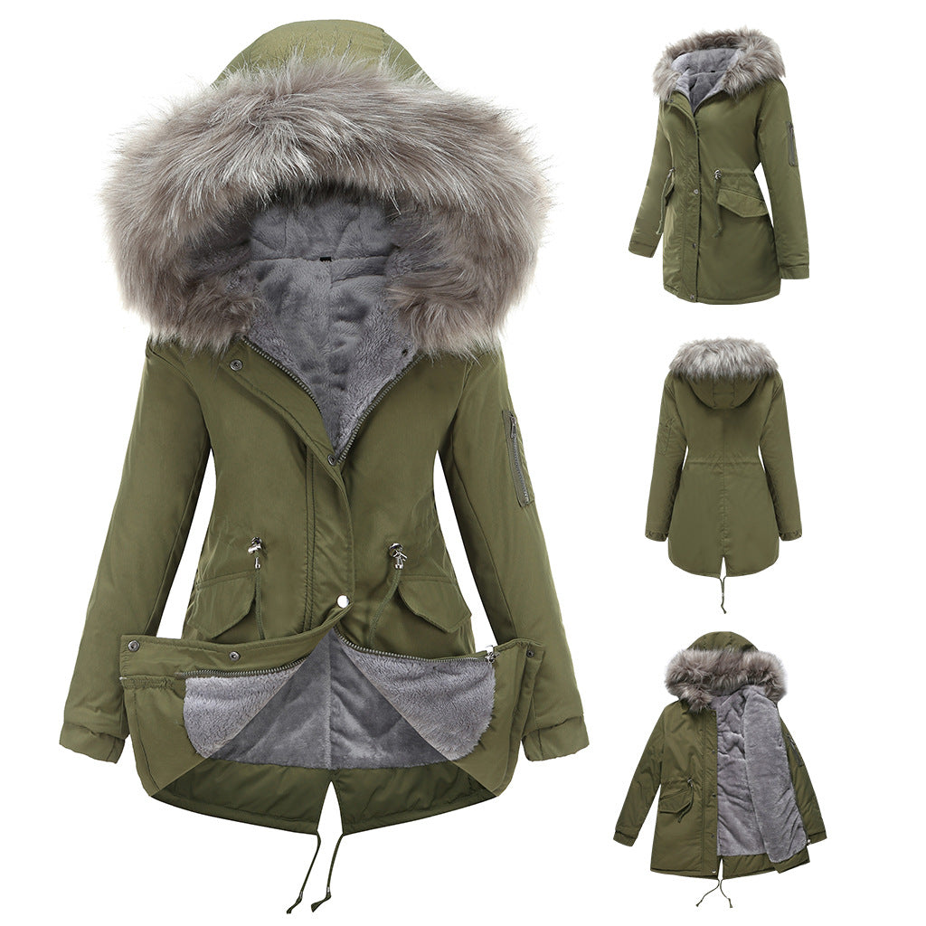 Big Fur Collar Mid-Length Hooded Winter Warm Fleece Overcoat