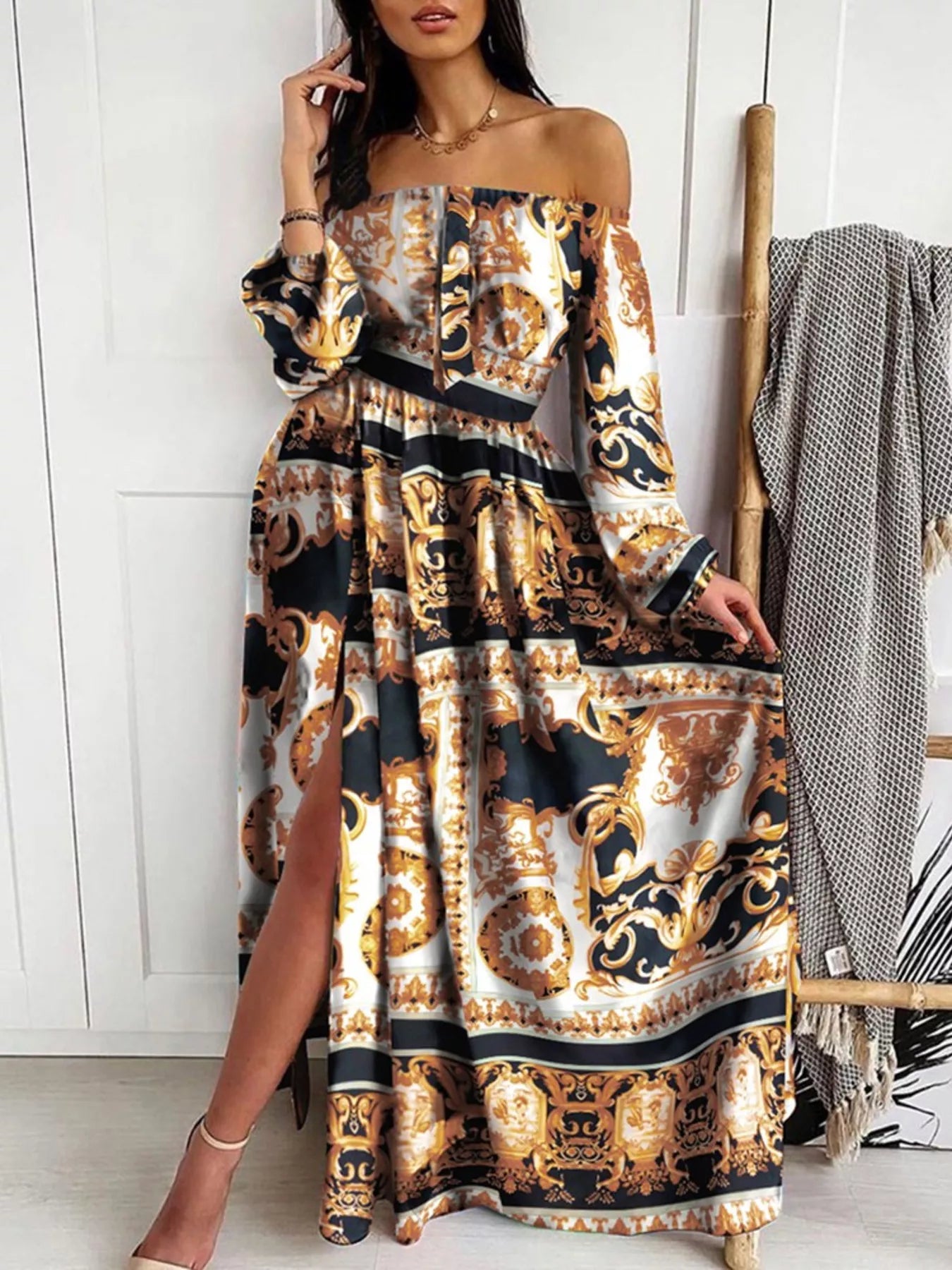 Slit Printed Off Shoulder Maxi Dress  Shop One Place