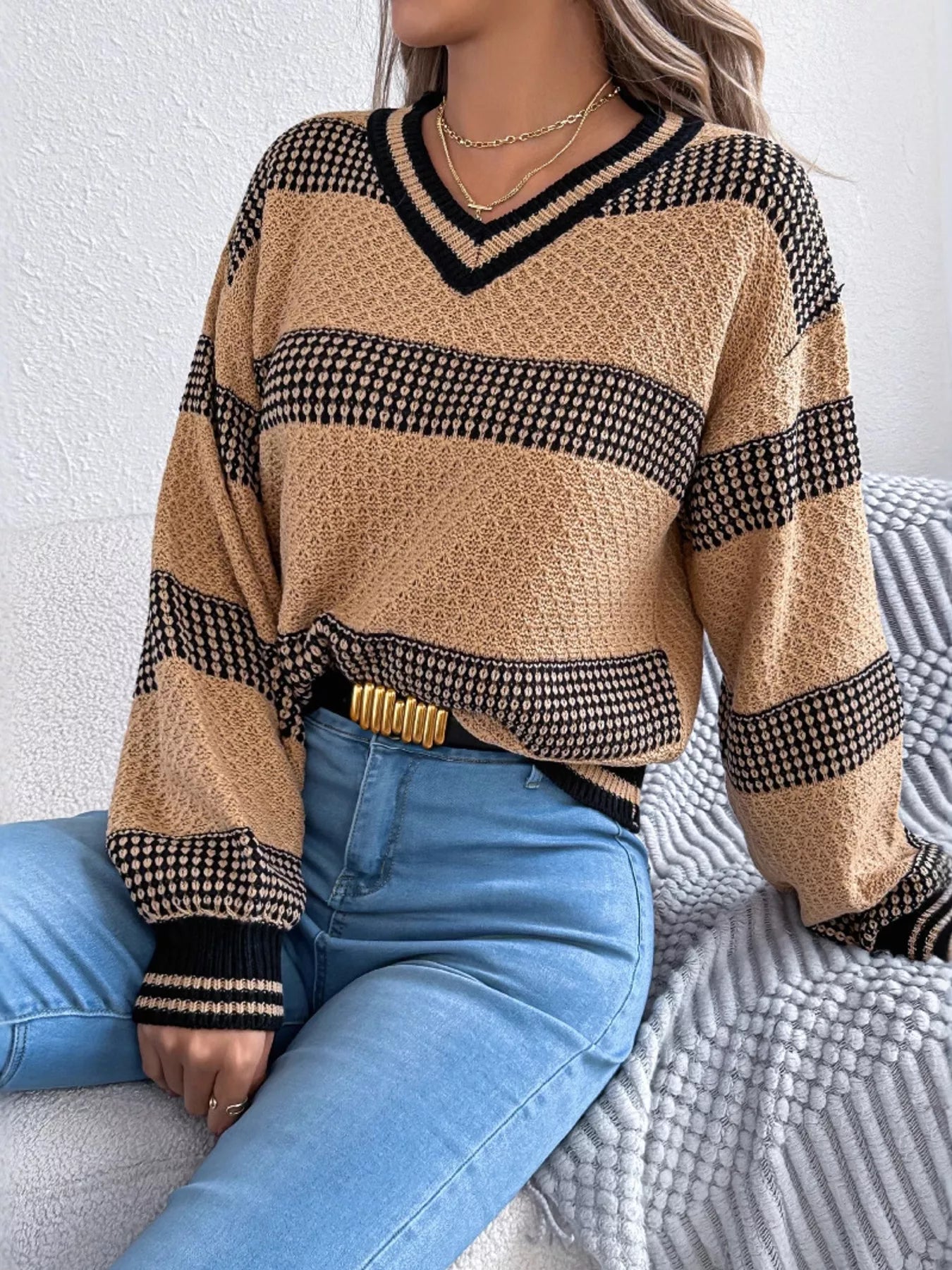 Contrast Striped V-Neck Sweater  Shop One Place