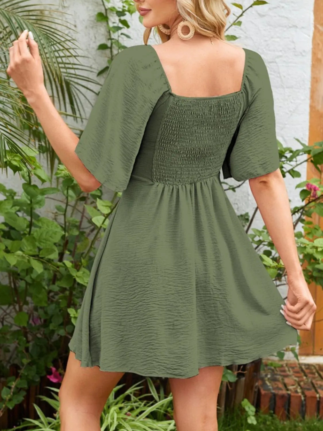 Smocked Back Knotted Flutter Sleeve Dress  Shop One Place