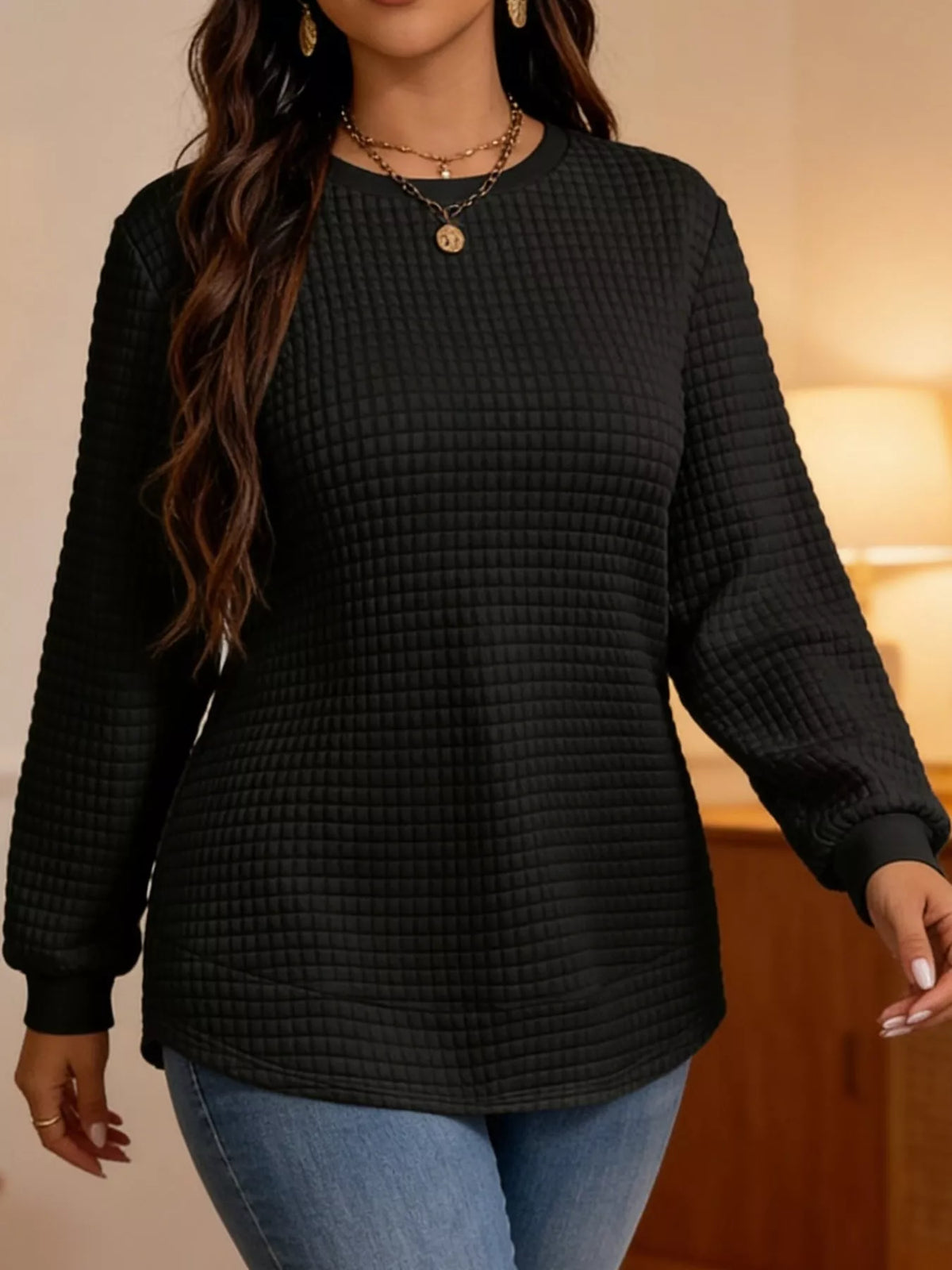 Women's Plus Size Waffle Knit Crew Neck Sweatshirt – view 10
