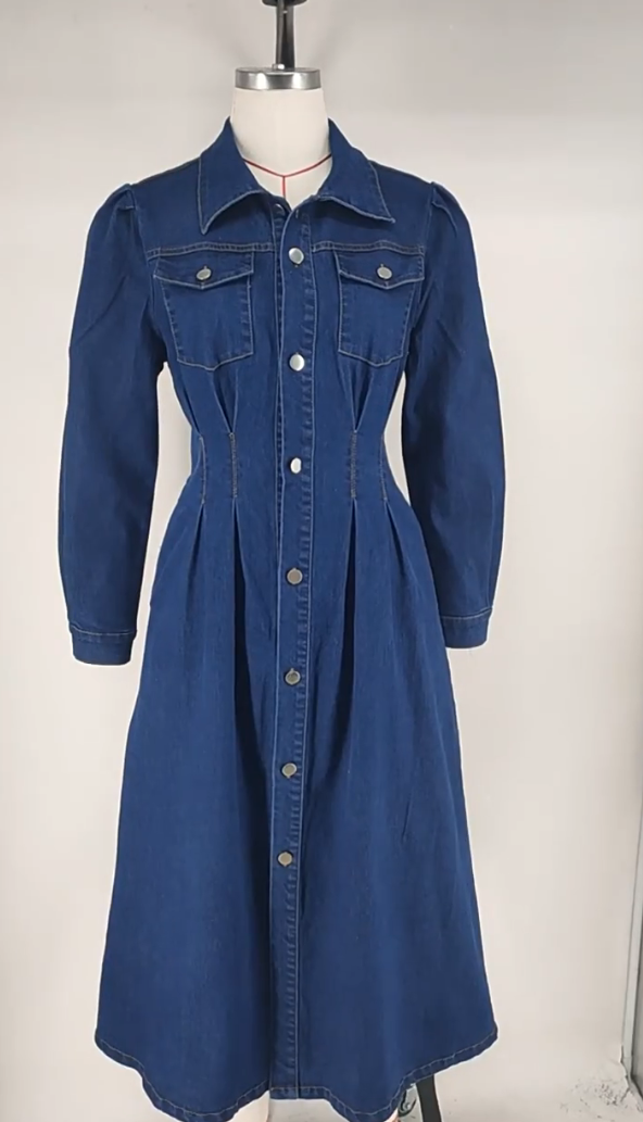 Denim Waist Controlled Long Sleeves Dress  Shop One Place