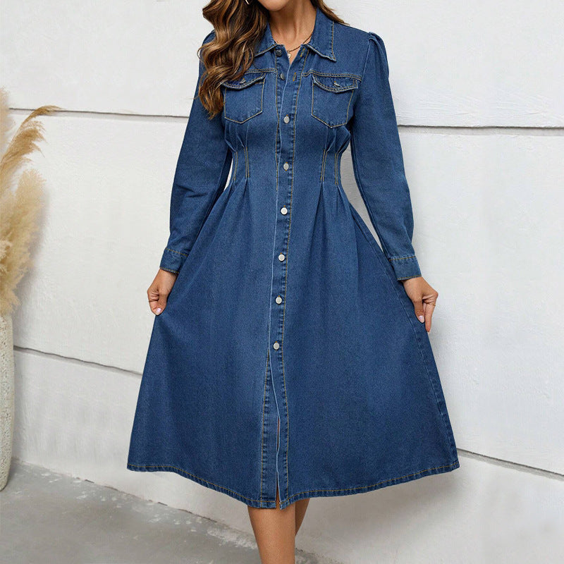 Denim Waist Controlled Long Sleeves Dress  Shop One Place