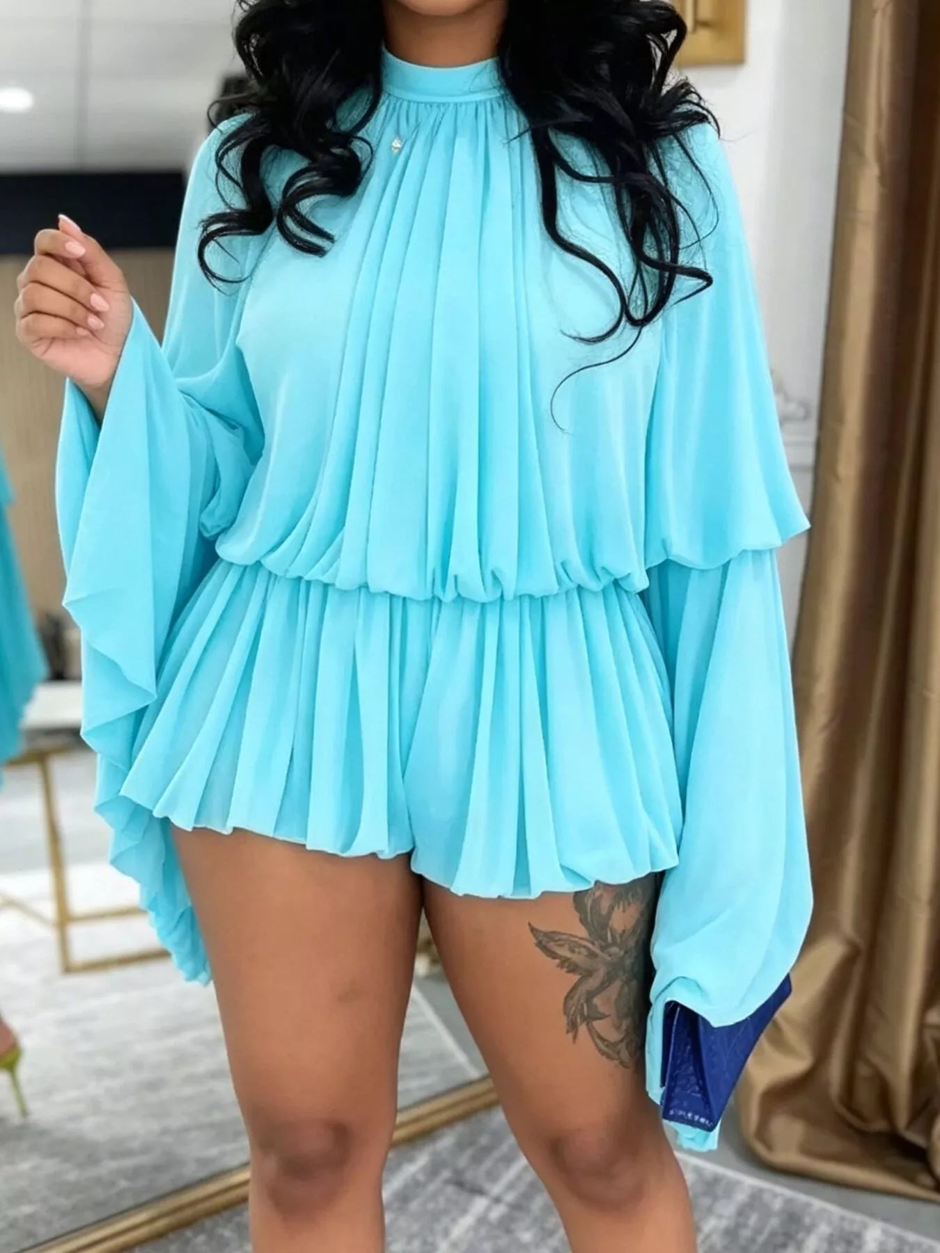 Pleated Long Sleeve Top and Skirt Set  Shop One Place