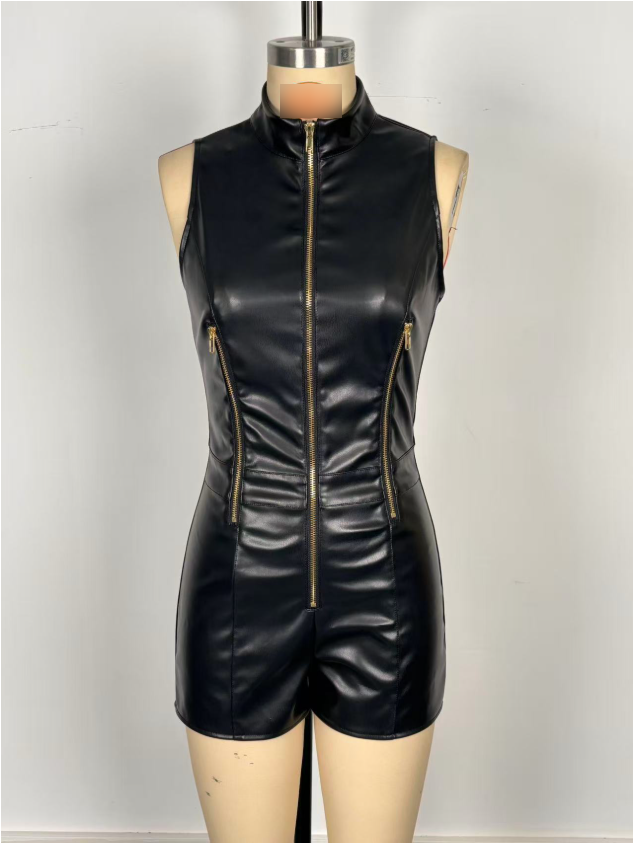 Sleeveless Faux Leather Nightclub Jumpsuit