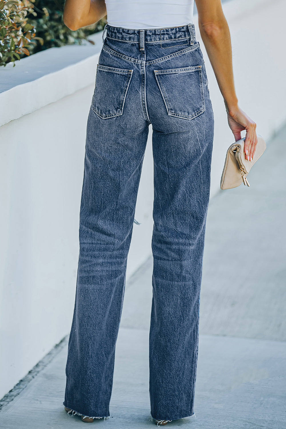 Light Blue Ripped Pockets High Waisted Straight Leg Jeans