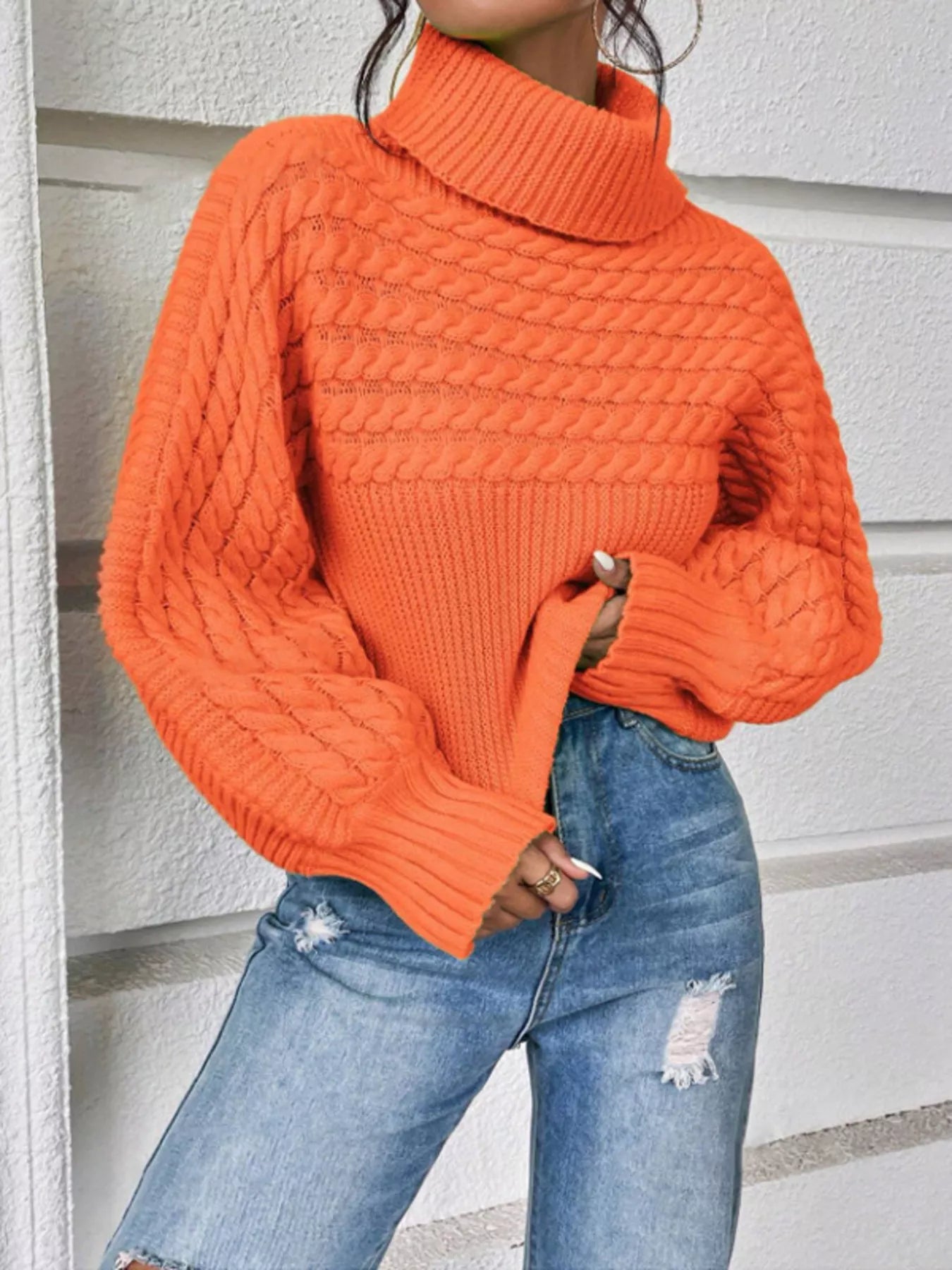 Full Size Textured Knit Turtleneck Long Sleeve Sweater Plus Size - Shop One Place