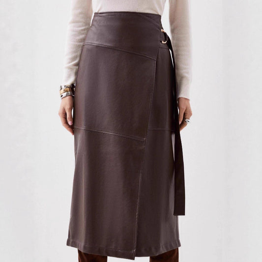 Faux Leather Asymmetric Midi Skirt with Belt