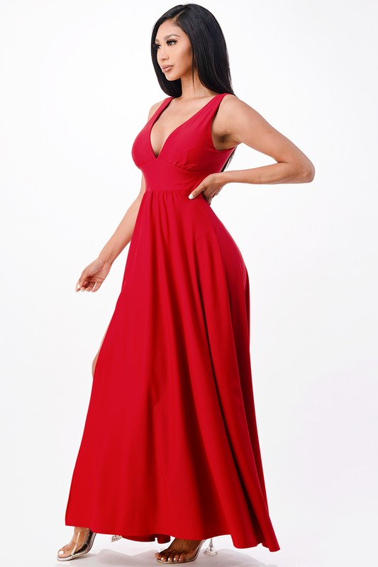Dull tricot deep V neck A line dress  Shop One Place
