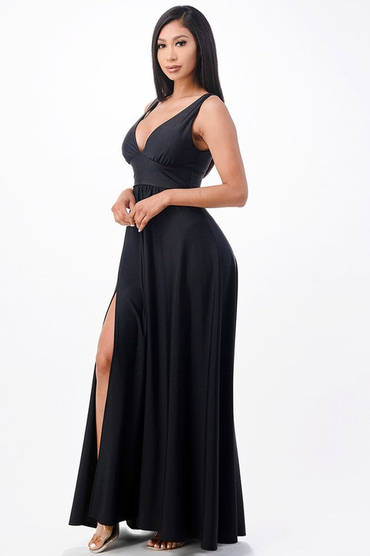 Dull tricot deep V neck A line dress  Shop One Place
