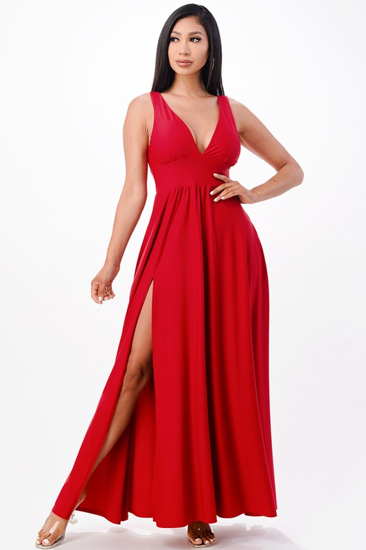 Dull tricot deep V neck A line dress  Shop One Place