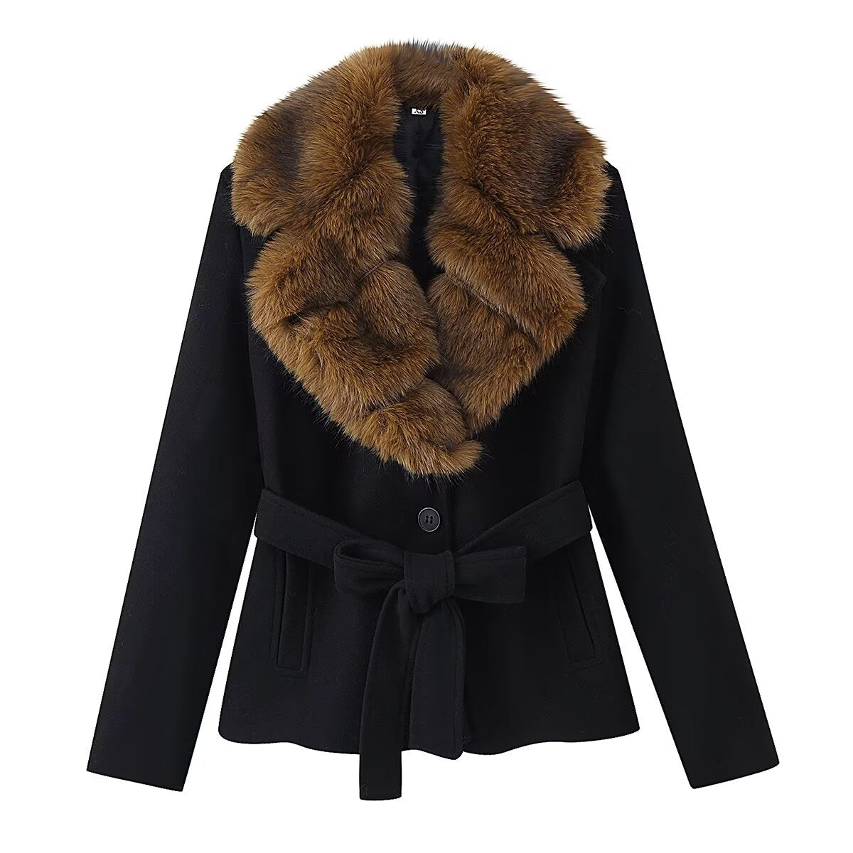 Faux Fur Collar Belted Wool Coat