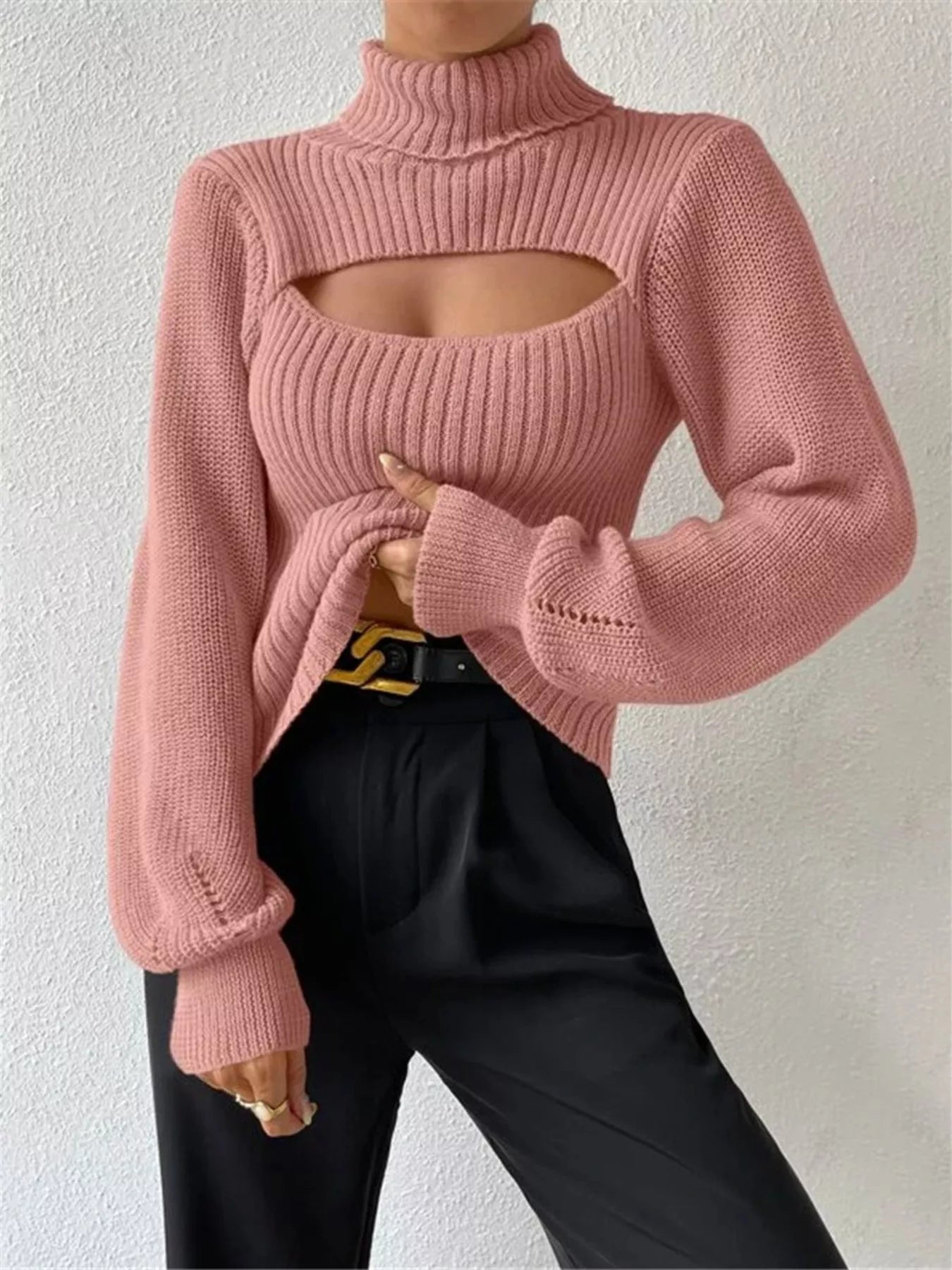 Cutout Front Turtleneck Long Sleeve Sweater  Shop One Place