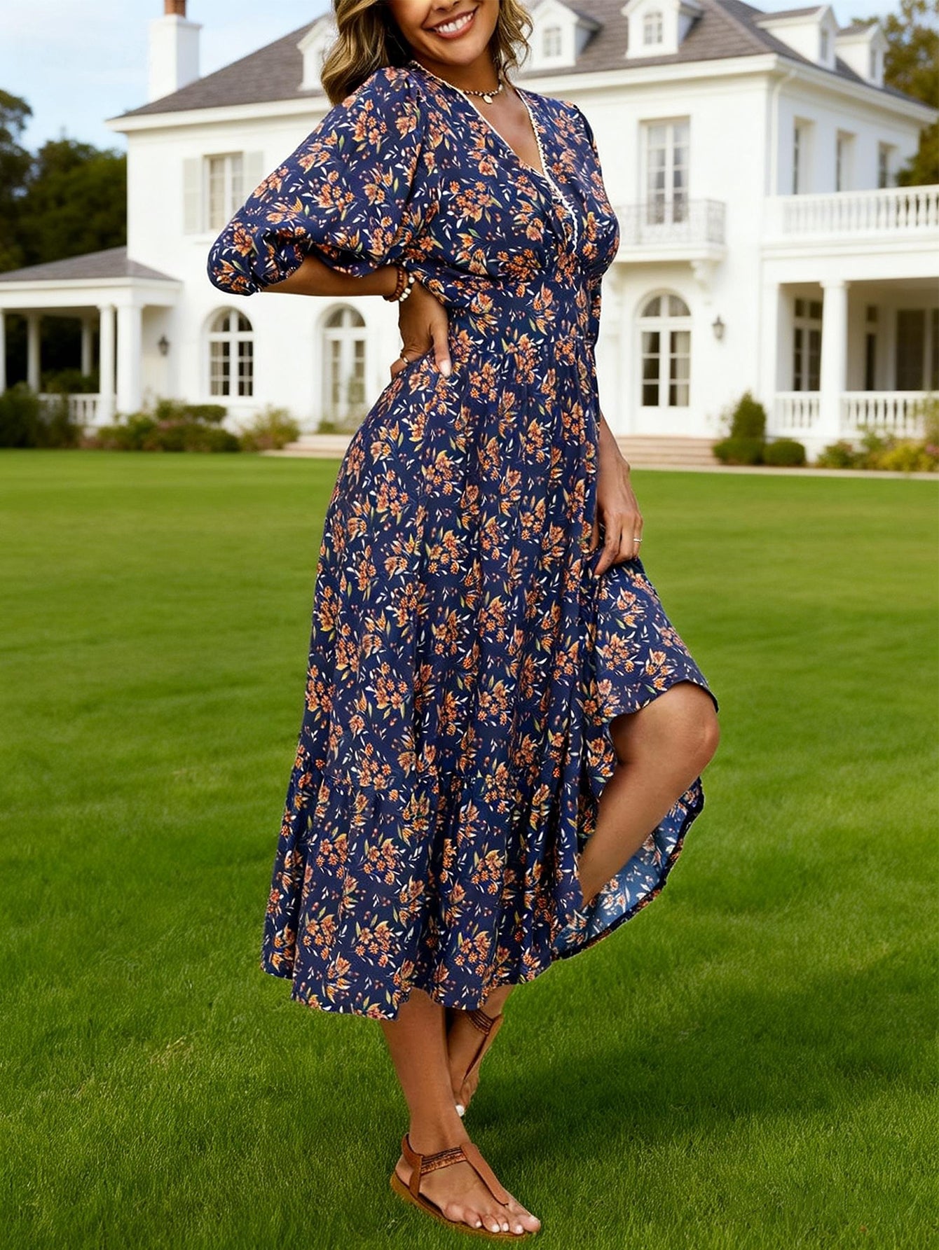 Women Mid Length Floral Dress With Lace Cutout V Neck Three Quarter Sleeves And A Cinched Waist Perfect Casual Beach Vacations  Shop One Place