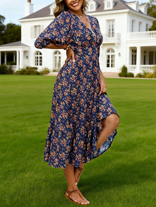 Women Mid Length Floral Dress With Lace Cutout V Neck Three Quarter Sleeves And A Cinched Waist Perfect Casual Beach Vacations  Shop One Place