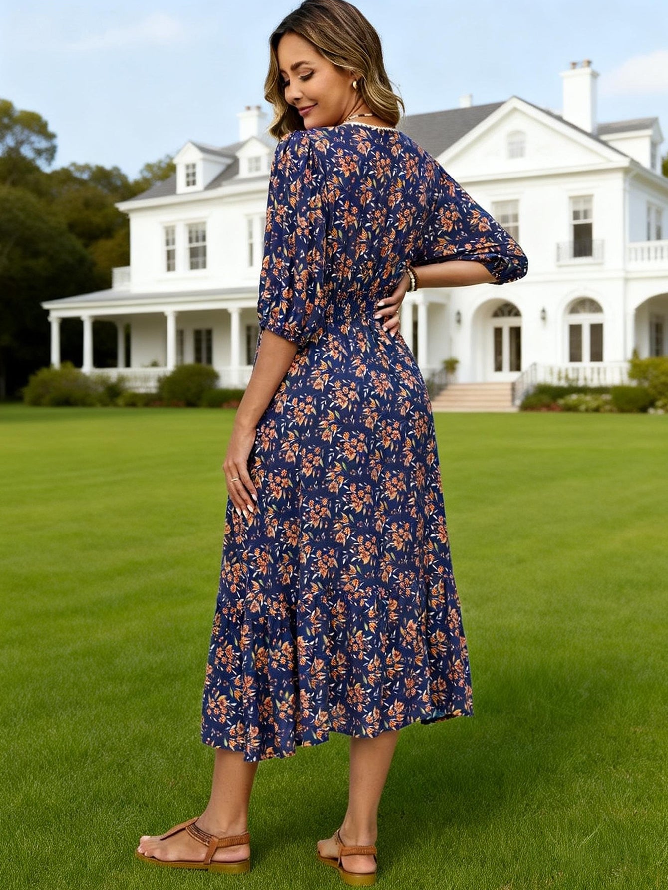 Women Mid Length Floral Dress With Lace Cutout V Neck Three Quarter Sleeves And A Cinched Waist Perfect Casual Beach Vacations  Shop One Place