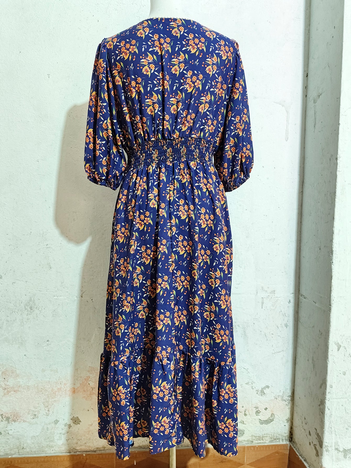Women Mid Length Floral Dress With Lace Cutout V Neck Three Quarter Sleeves And A Cinched Waist Perfect Casual Beach Vacations  Shop One Place